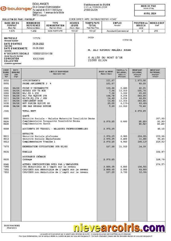 Boulanger payslip (in French language)